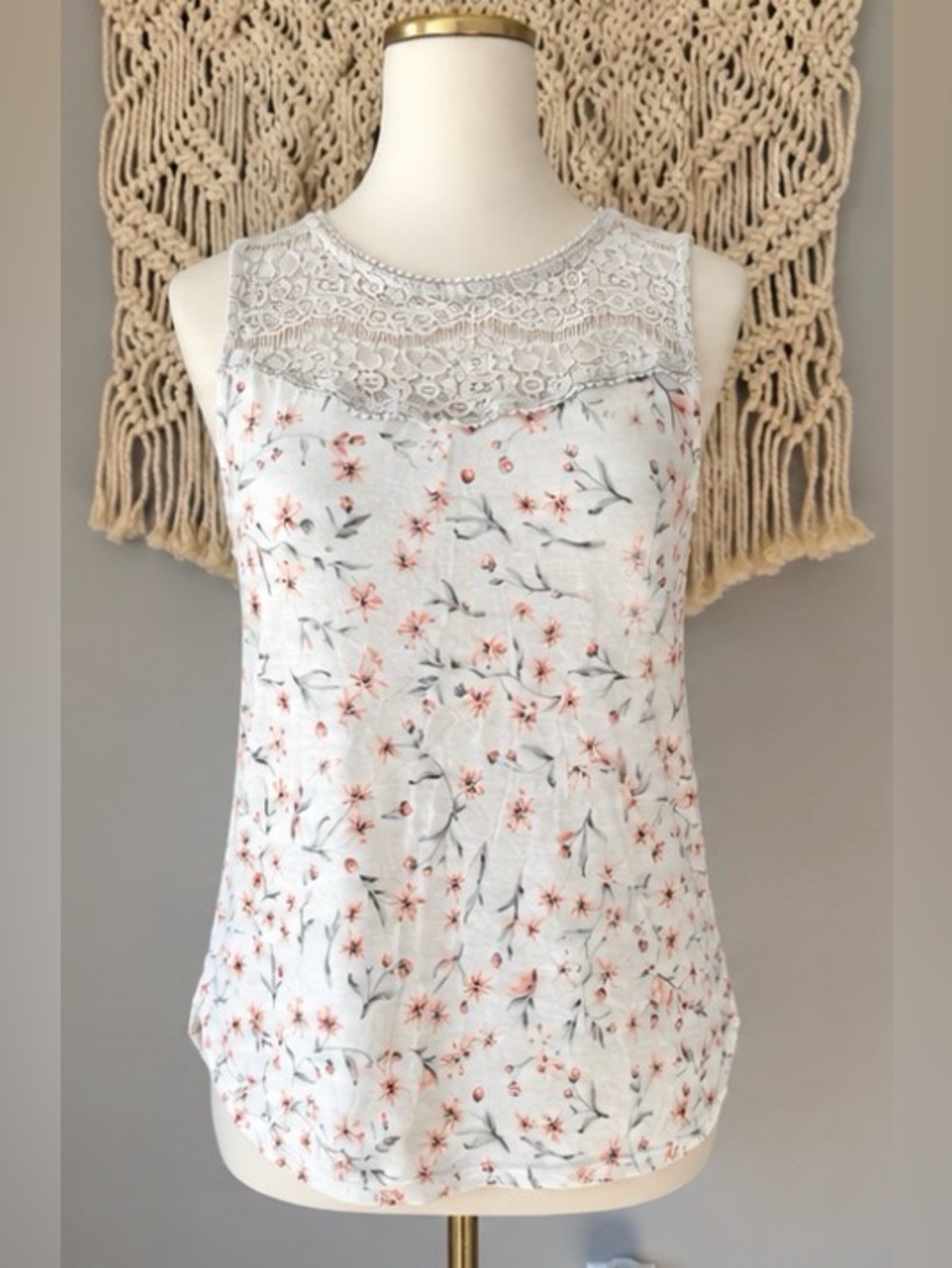H&M White Floral Lace-Trim Chemise with Soft Pink Blossoms
